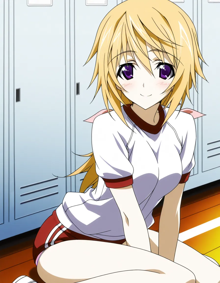 1Girl,solo,Score_9, Score_8_up, Score_7_up, Score_6_up, Score_5_up, Score_4_up, best quality,{{ANIME COLORING}},masterpiece, best quality,charlottedunois, charlotte dunois, long hair, blonde hair, ribbon, purple eyes, ponytail, hair ribbon,gym uniform, gym...