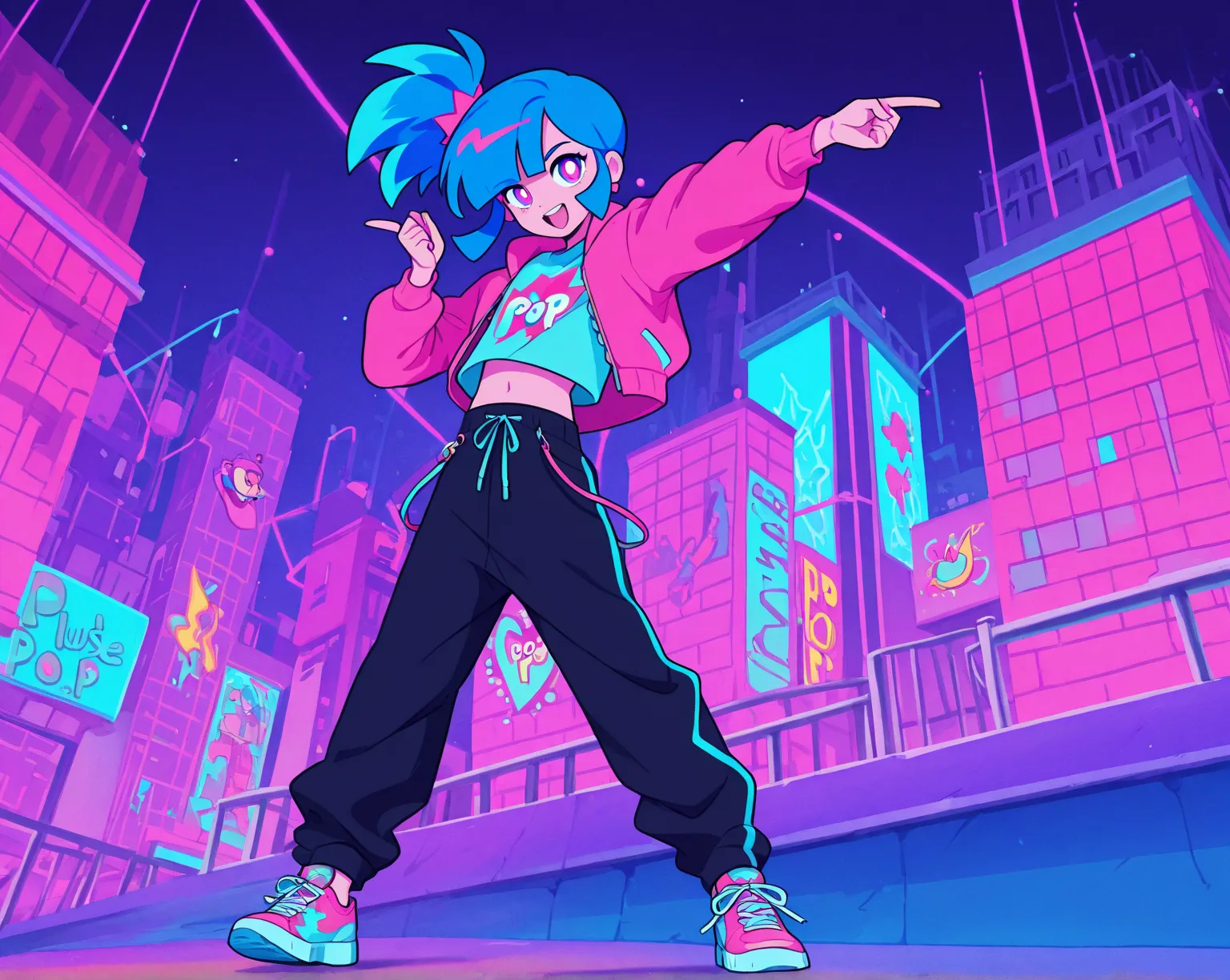 a boy, casual clothes, hip hop style, full body, muse dash, neon colors, muse dash color, city pop style, cyan skin