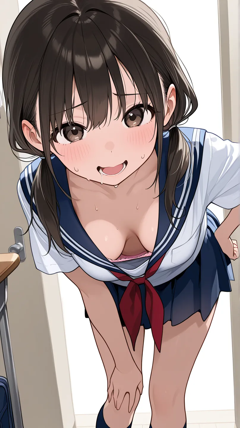  forward bending、 Chest、 medium breasts、 Twin Tails、 school uniform、 Disgusting Face、 down blouse that shifts the chest