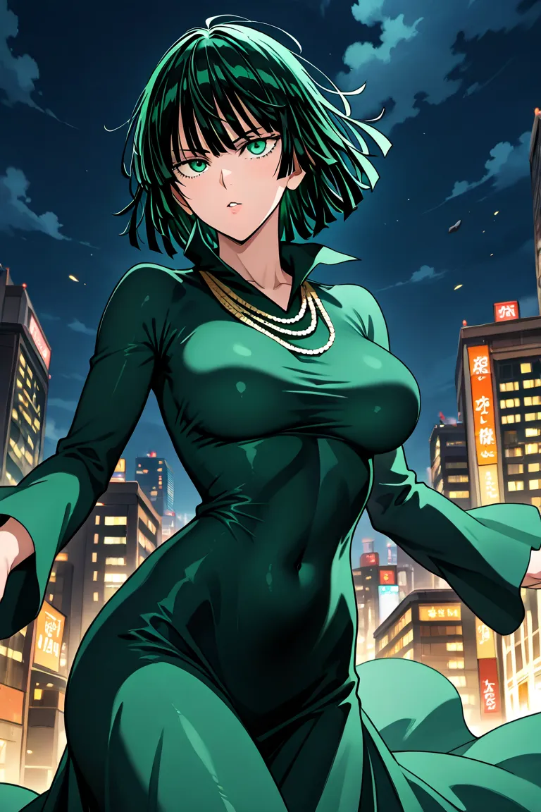 Fubuki(One Punch Man),green dress, Tight Stomach , night city