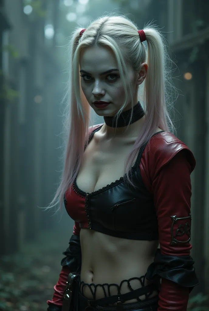 Close Up Model photo of attractive feminine Pale white skin tone Harley Quinn girl With a outfit with an opening in the Vampire world, Vampire background, gray environment, the image has a Artistic charisma, avoiding photographic errors.