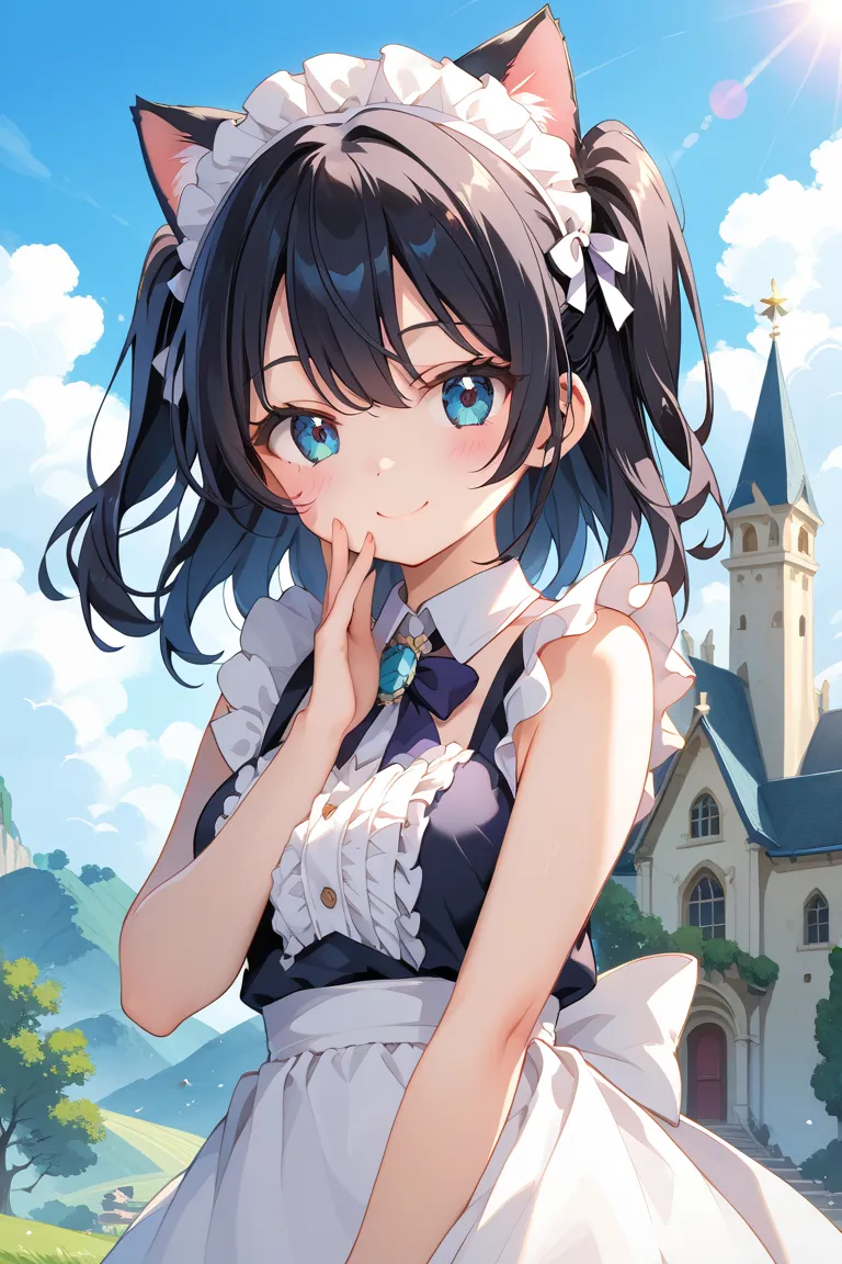 Maid girl with cat ears 、Mysterious gothic castle
1 girl,    Soft Smile、 long black hair、Jade Eyes,  cute face 、High Contrast Between Mouth and Nose、 、Fluttering hair with hand marks、Dramatic Lighting、bright color、Strong Strokes、lens flare 、 nothing  , mas...