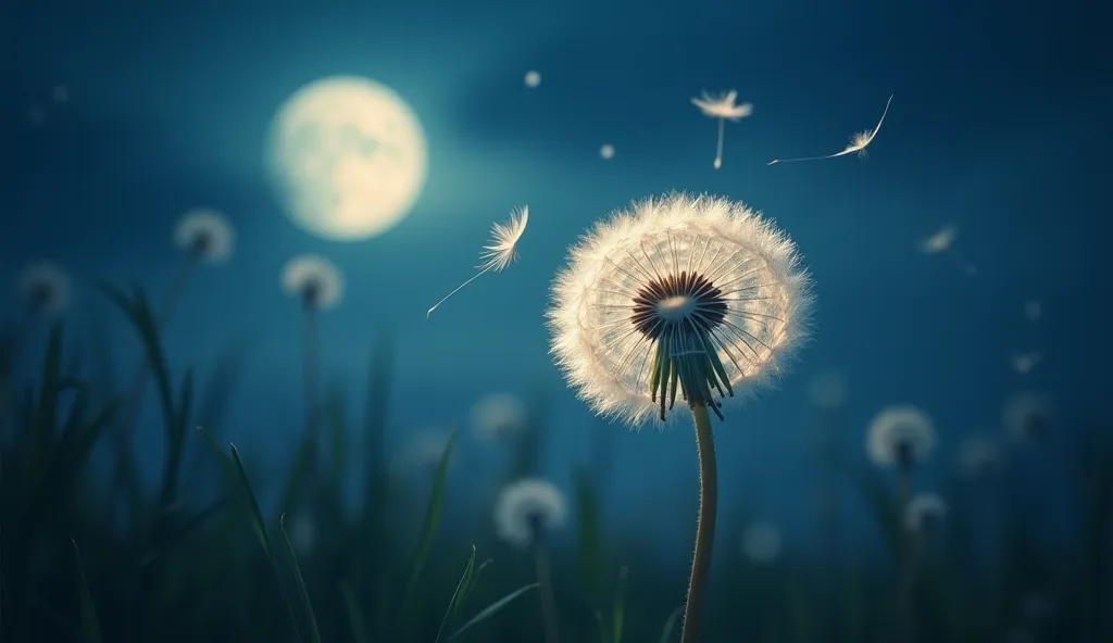 "A surreal and dreamy scene of a dandelion flower at night, glowing under the soft moonlight. The background is a deep blue night sky with a large, slightly blurred full moon. The atmosphere is peaceful and mystical, with a gentle breeze making the dandeli...