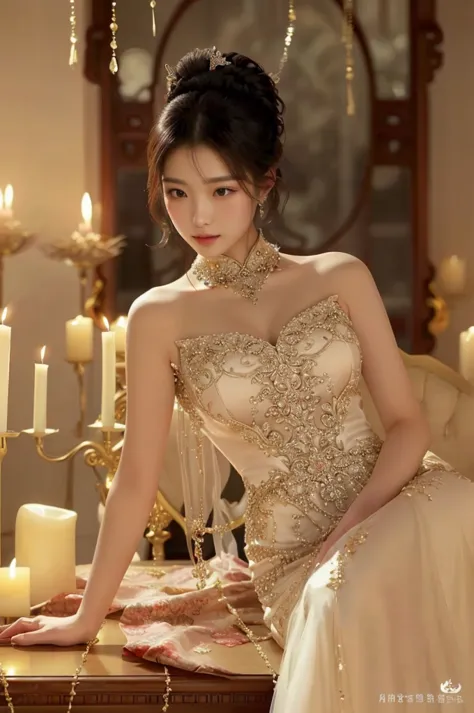 a woman in a dress sitting at a table with candles, stunning elegant, gorgeous chinese model, luxury dress, stunning elegant pose, sexy gown, gorgeous lady, ((a beautiful fantasy empress)), fantasy long intricate gown, gorgeous woman, elegant glamor pose, ...