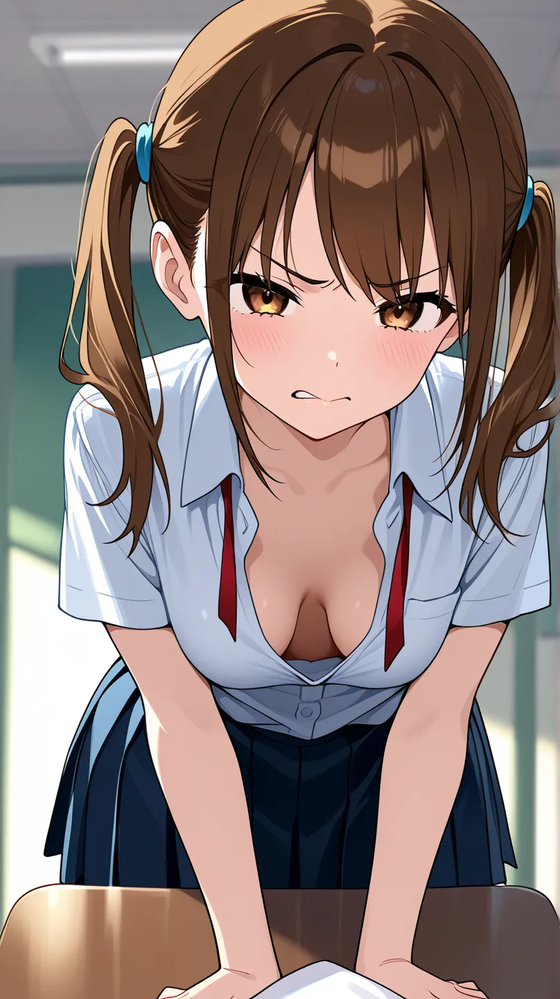  forward bending、 Chest、 medium breasts、 Twin Tails、 school uniform、Displeased face、 down blouse that shifts the chest