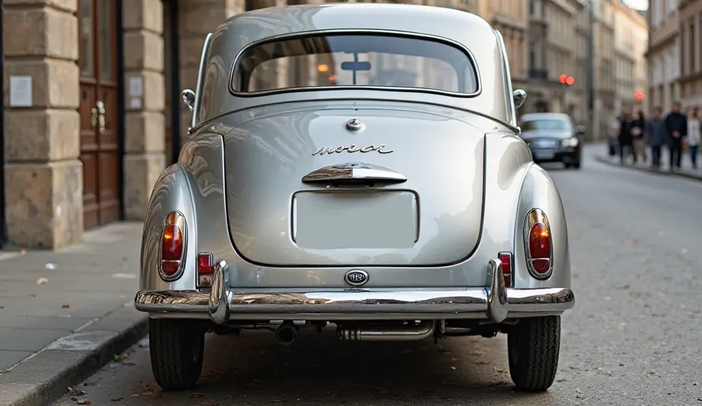 Electric morris minor sliver colour back view  in luxury showroome