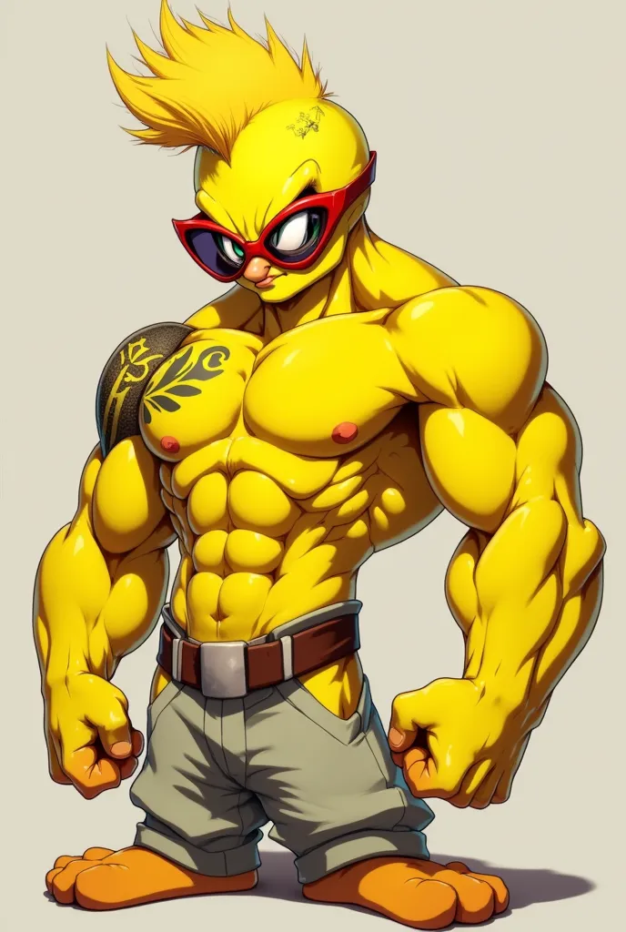 Warner Bros . “Tweety”, wearing red glasses  , Muscular, Tatto on the Shoulder, posing, 