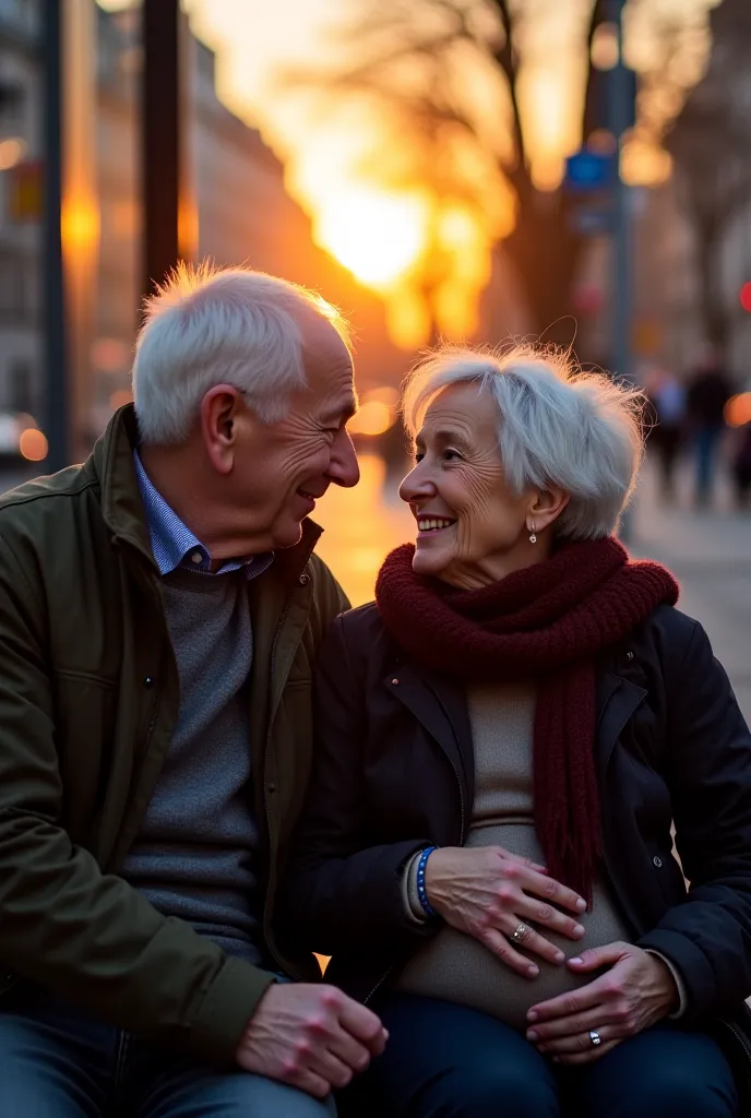 An 80-year-old old man , With white hair  , Dressed in a jacket with a smile on his face, sitting next to a clothed 40-year-old woman, pregnant and talking with the person before at the Paris bus stop at sunset 