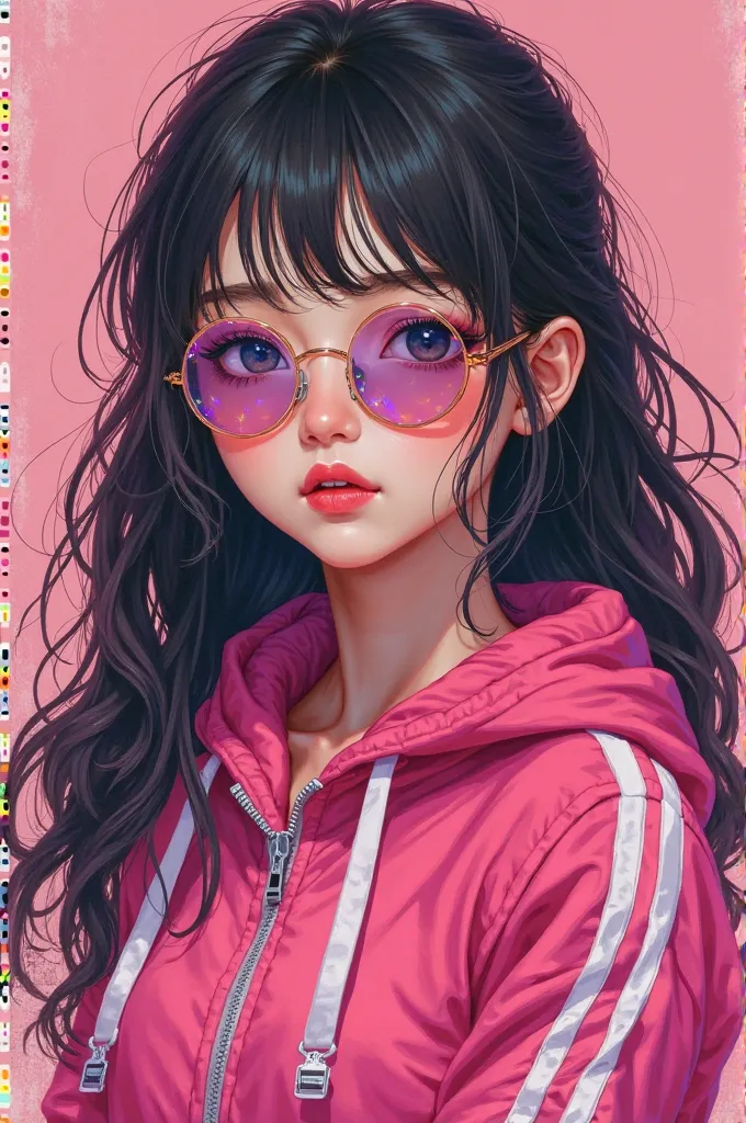  Young Girl, Long dark hair, lentes, Rose-painted lips, pink sportswear, without shoes or socks