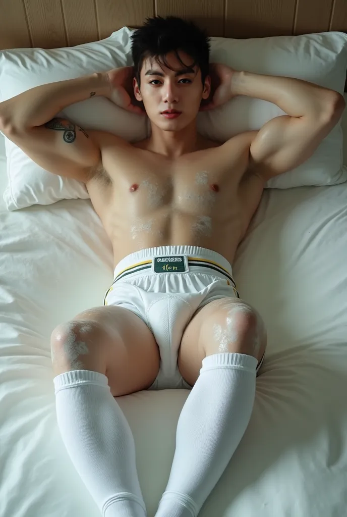 A very (WET) athletic young Japanese in early twenties with a tattoo, 2 (full body), light white pale skin tone, short undercut brown hair, cute face, ASIAN MALE, big smooth bulging rounded pecs manboobs, hands at the back of his head, detailed face, HD, 8...