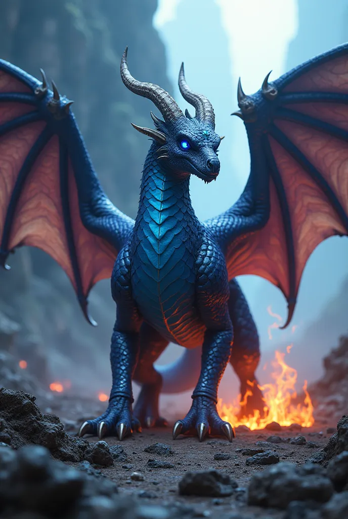 A wyvern drake hybrid with a fire attribute and blue eyes