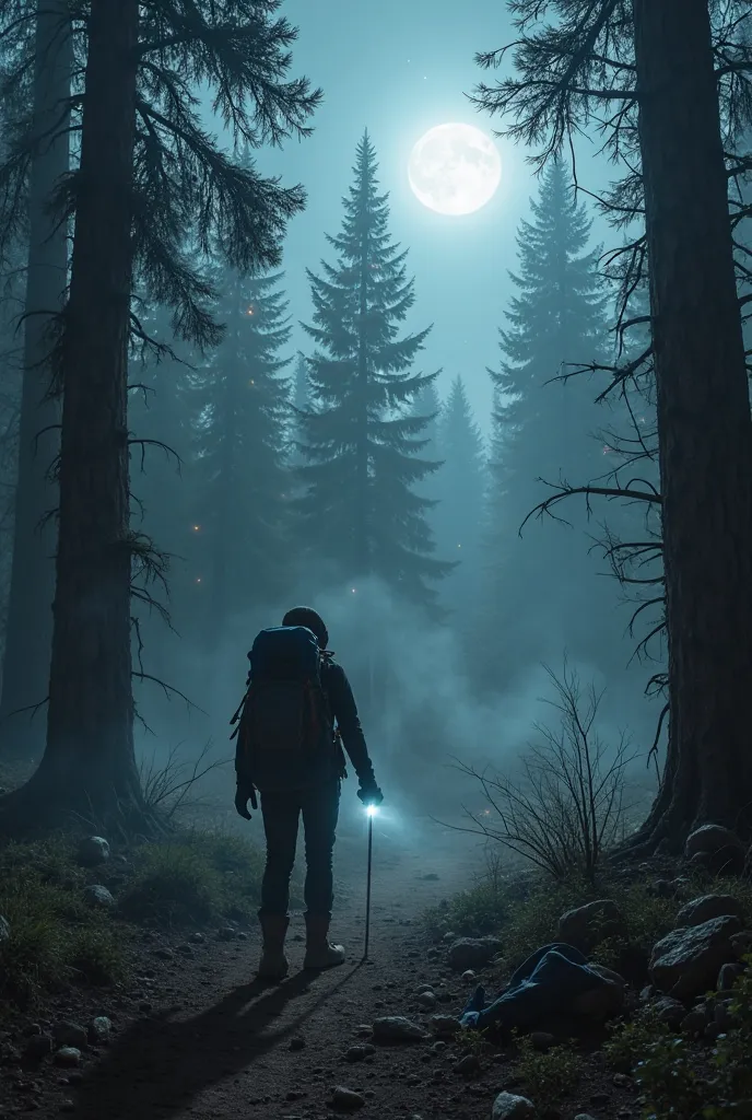 "A lone hiker on the Pacific Crest Trail under a pale, ghostly moonlight. The dense forest around them is shrouded in thick fog, with twisted, gnarled trees casting eerie shadows. Strange glowing eyes peer from the darkness, and an unnatural mist slithers ...