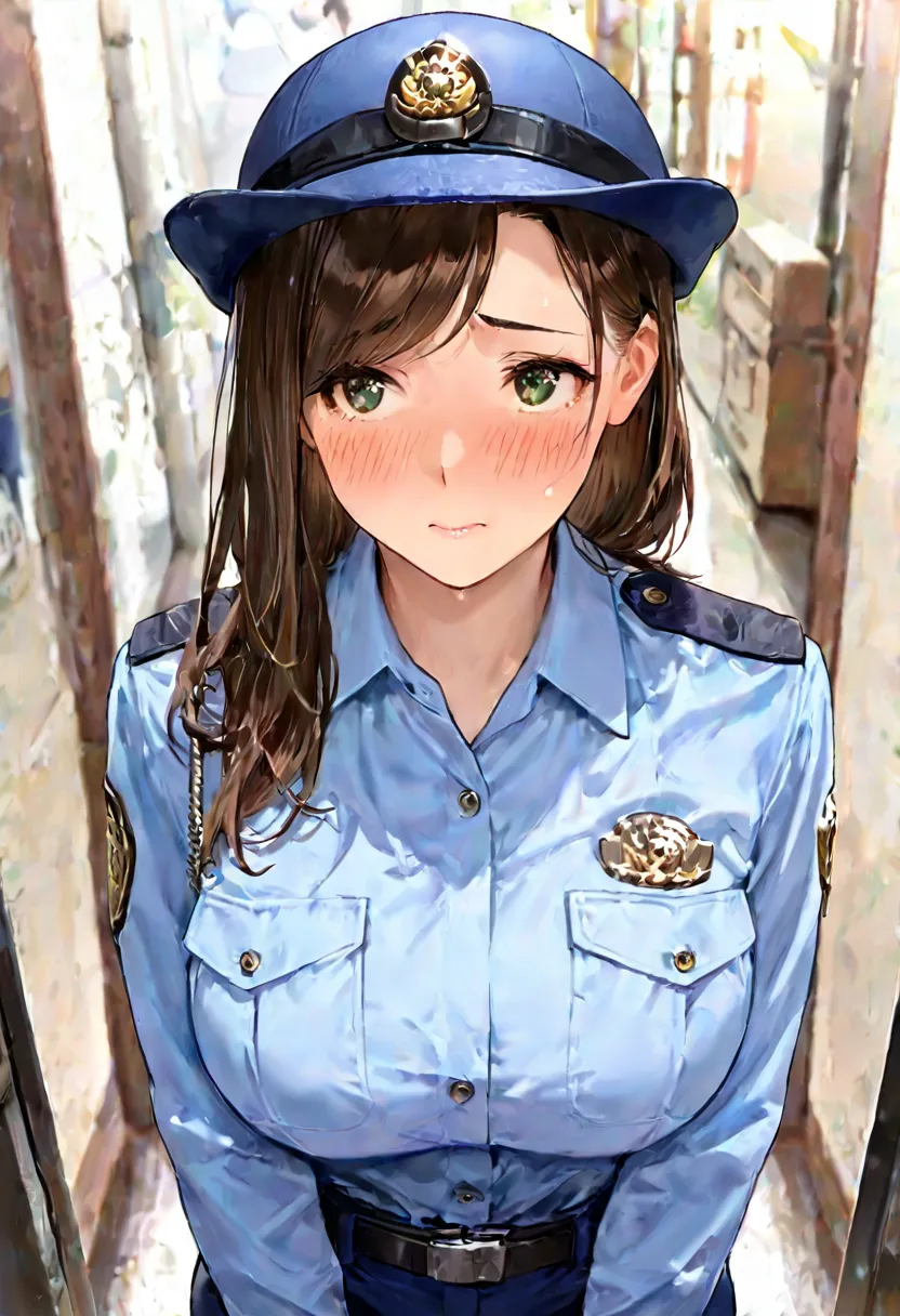 best quality,masterpiece,large breasts,green eyes,dark brown hair,,light blue shirt,blue pants,belt,police hat,japanese police uniform,athletic,1girl,,swept bangs,long hair,mature,upper body.,embarrassed,,,kiss,,long sleeves,from point of view,face focus,c...