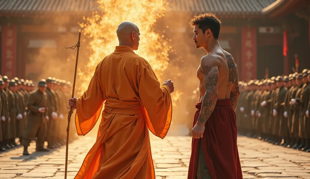 A legendary Shaolin master stands in a powerful and deadly Kung Fu stance, radiating an intense aura of energy around him, glowing subtly like a mystical force. He wears traditional flowing orange Shaolin robes, his short, thin hair adding to his disciplin...