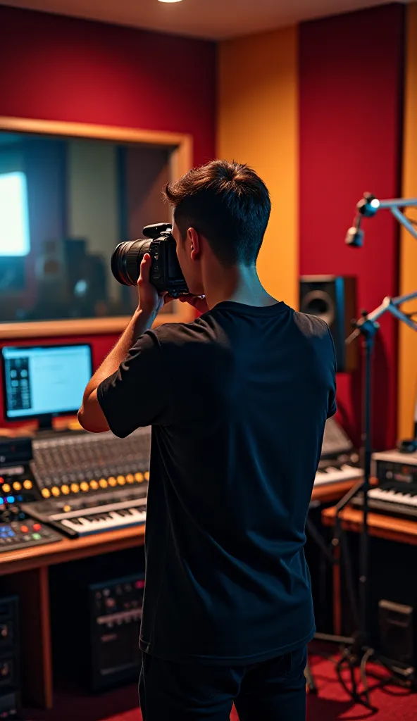 Create a realistic image of a person taking a photo to indicate that they are in a music recording studio 