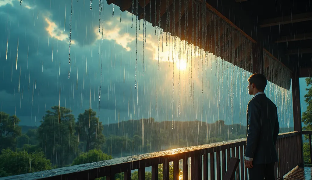 heavy rain, rain, cloudy, day, sun shining through clouds, looking out from a covered porch, rain drops dripping off of the edge of the covered porch, sunlight shining through the raindrops, a rainbow effect, rainbow, focus on the edge of the roof, water c...