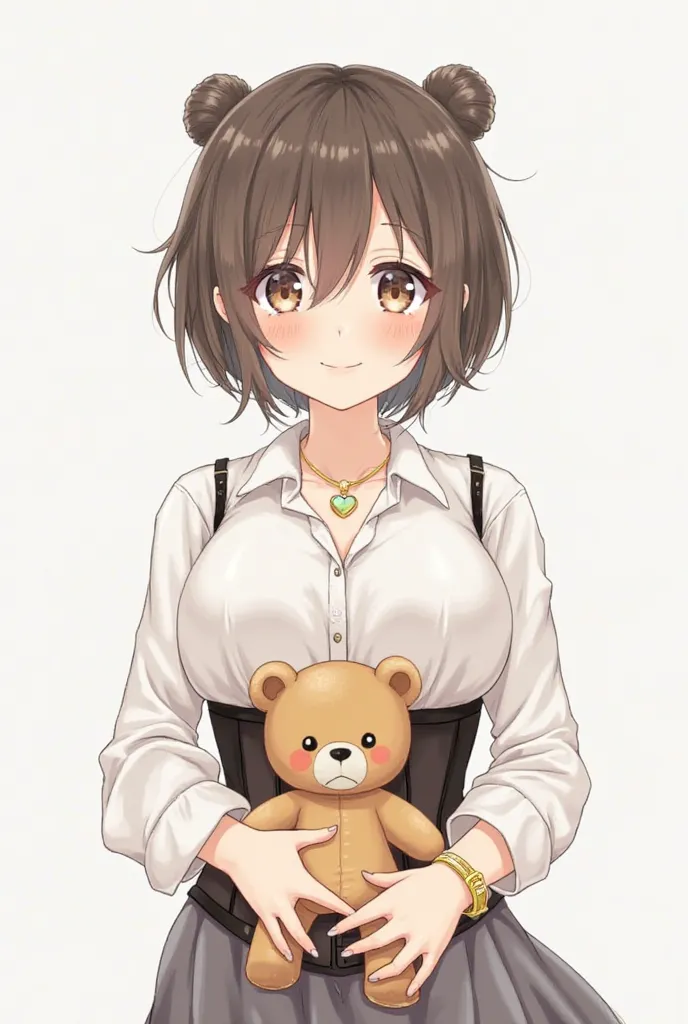 An illustration of a girl from the waist up with a short hair hairstyle, two little chunks with slightly large breasts and a blouse, a white button down shirt and a black corset and a gold necklace with a heart pendant embracing a teddy bear.