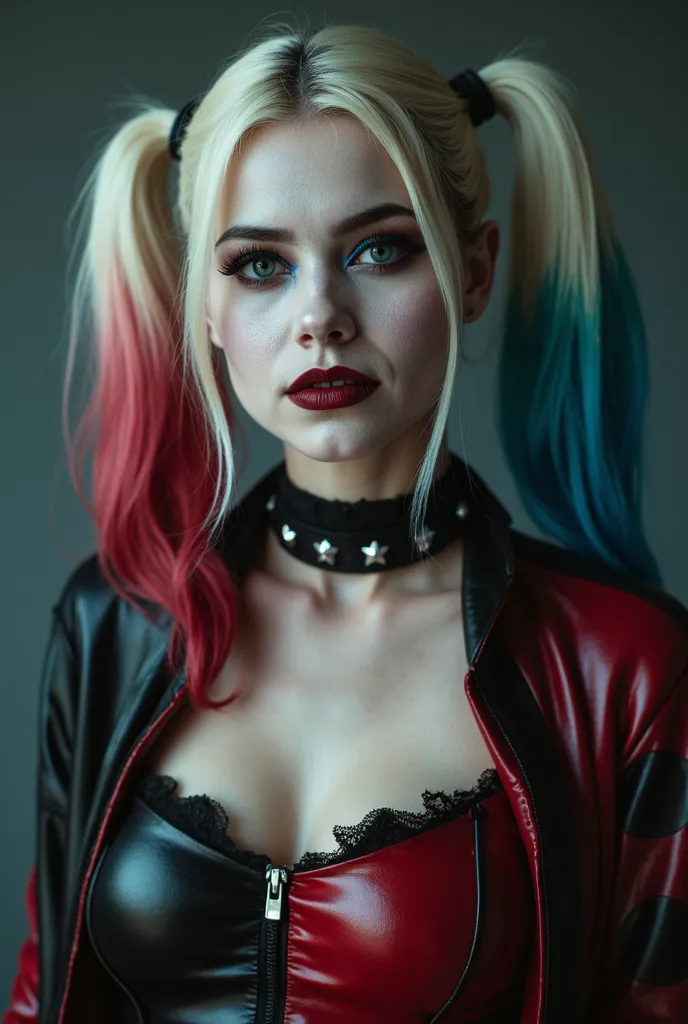 Close Up Model photo of attractive feminine Pale white skin tone Harley Quinn girl With a outfit with an opening in the Vampire world, Vampire background, gray environment, the image has a Artistic charisma, avoiding photographic errors.