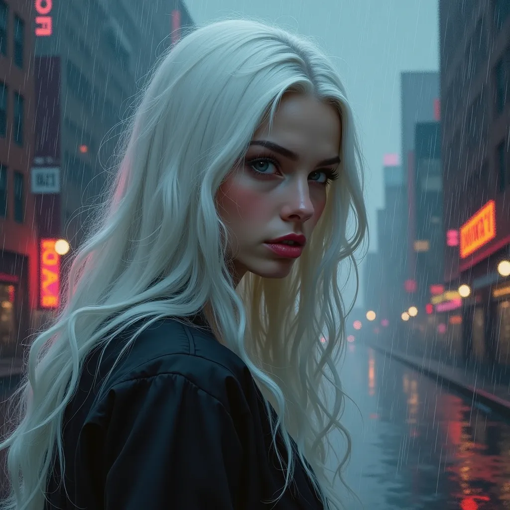  A painting designed in the style of Raphael , a woman with long white hair in front of a cyberpunk neon city. The sky is gray, And it's raining . even from a distance, Do you like rain shine in neon light, she has her head slightly lowered,  as if bruised...