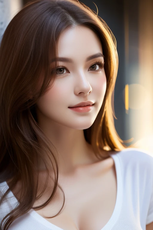 （best quality，High resolution，master piece：1.3），tall and beautiful woman，frontage，Long dark brown hair with loose waves,big breasts，V-neck white shirt，dark alley，Beautifully rendered facial and skin texture details，charming eyes，charming eyes，double eyelid