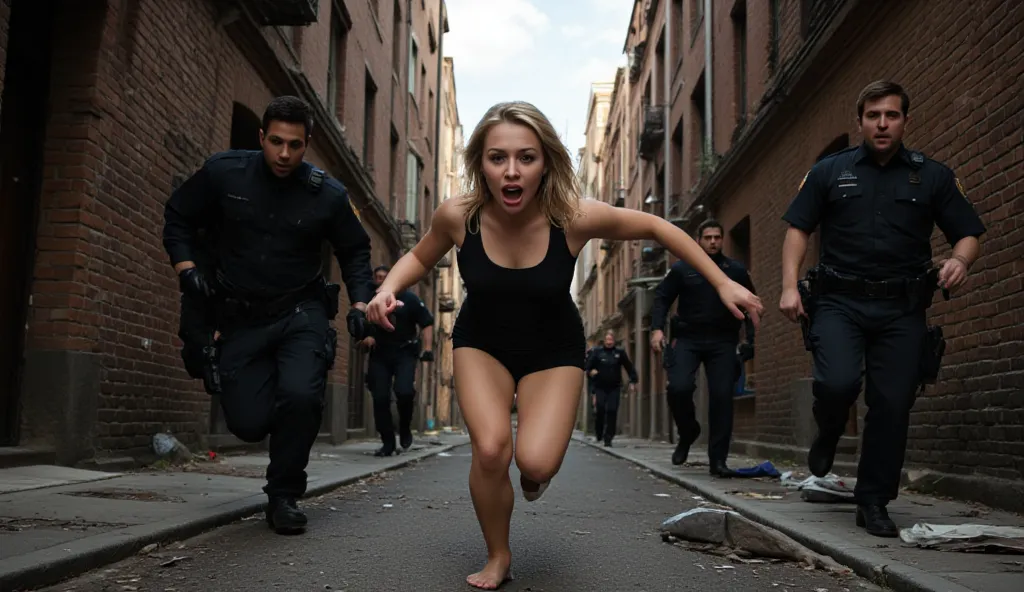 A sudden police raid in a narrow alleyway, officers shouting as a woman runs away.