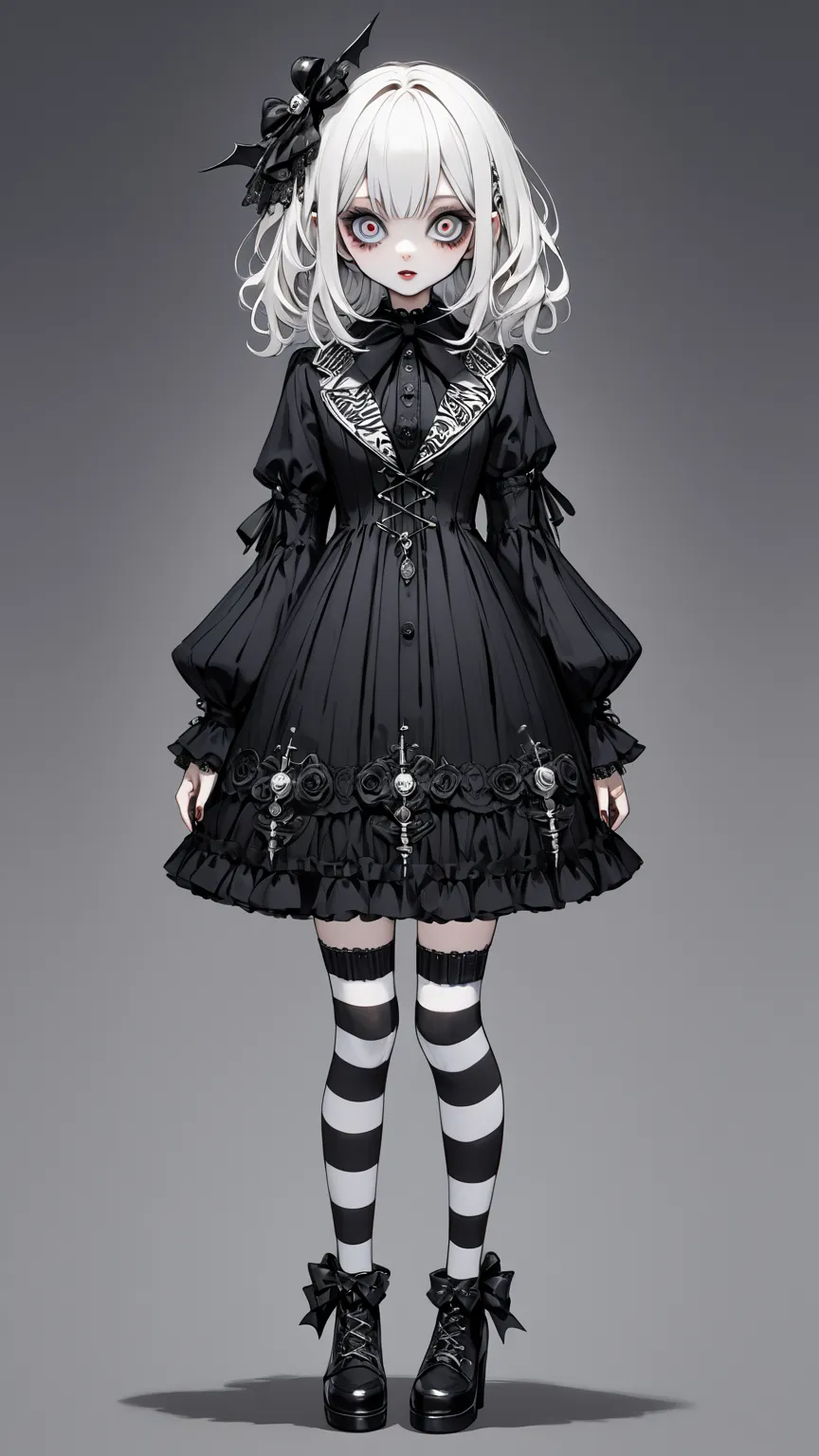 Tim Burton style、white hair, Gothic Lolita, full body, standing, striped knee-highs, short dress, black dress,white dress, 