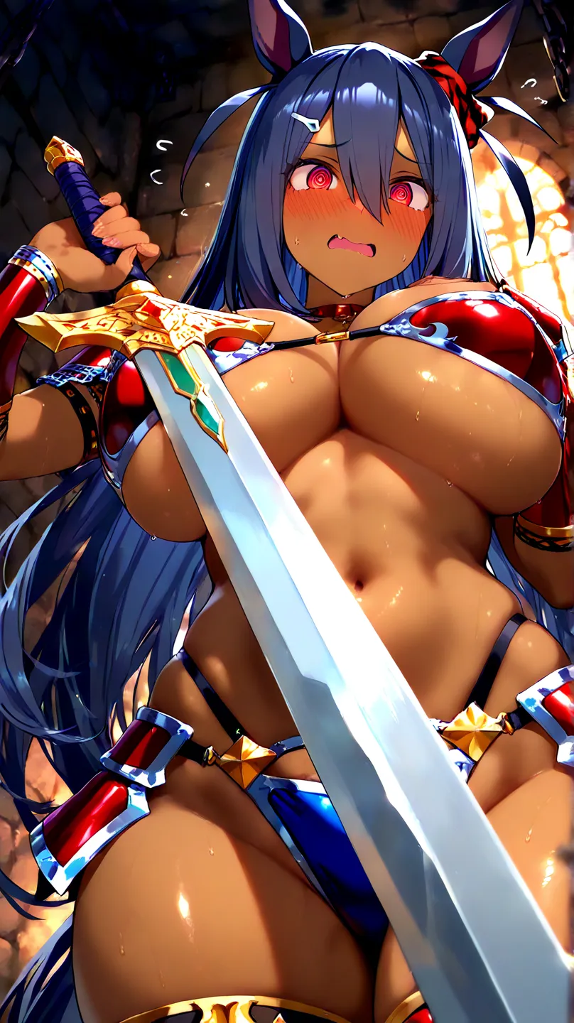 hishi amazon (umamusume), embarrassed, bikini armor, large breasts, holding sword, covering chest, holding sword, dungeon, @ @, from below, 