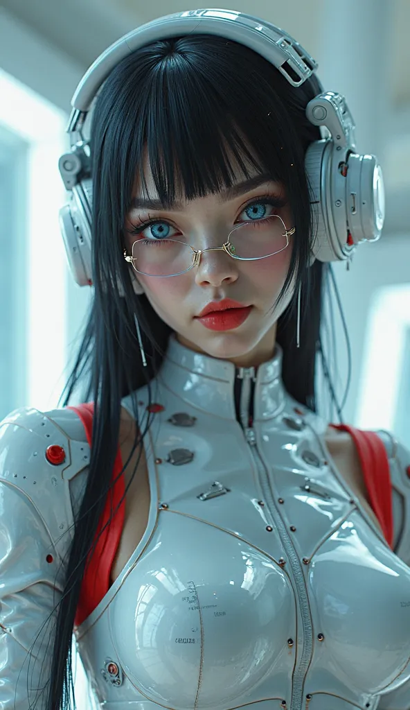 Sexy futuristic female Mecha character with headphones and glasses futuristic transparent holographic color straight hair with long black fringes, blue eyes red lips with white latex clothing and red details with breasts out in a cyberpunk world (Gigantic ...