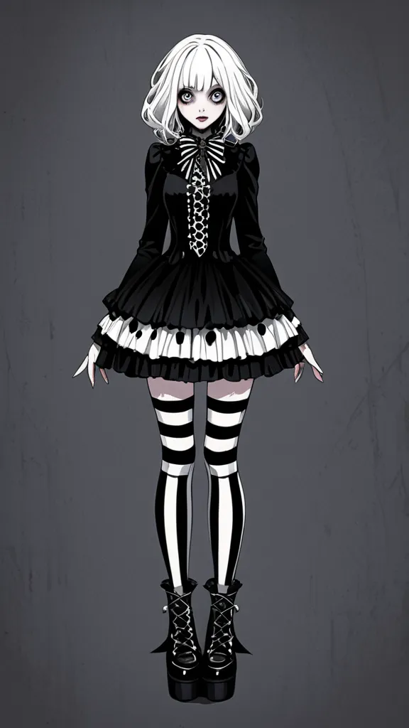 Tim Burton style、white hair, Gothic Lolita, full body, standing, striped knee-highs, short dress, black dress,white dress, 