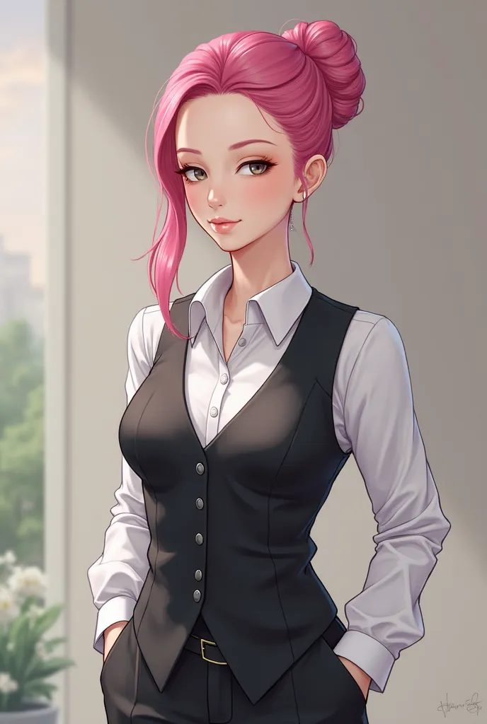 Create a formally dressed girl with pink hair, wearing a white shirt and all-black pants and vest