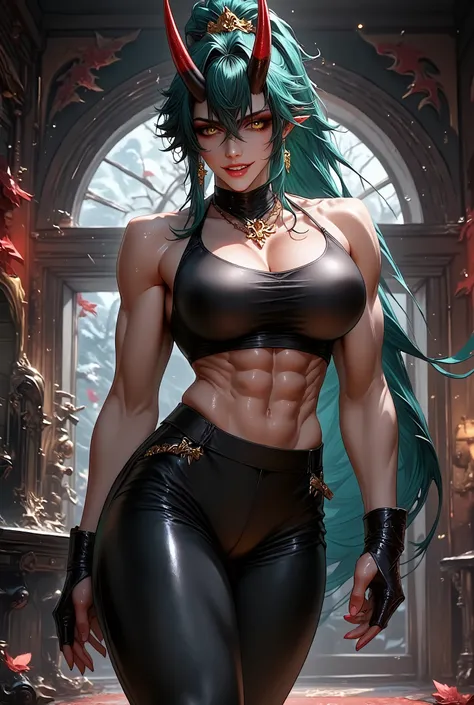 Sexy muscular female oni wearing black leather pants with a short t-shirt her ((Skin and red)) and her hair is voluminous teal and she has black biker gloves she is in a castle hall 