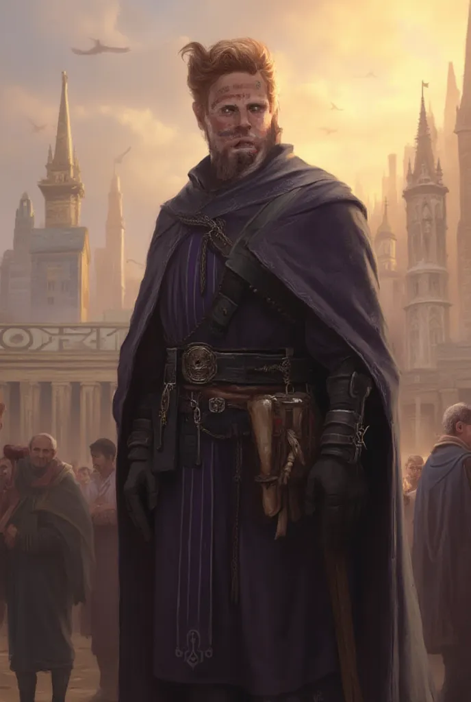 A scholarly senator from the Central Reach, standing in the shadow of the City of Seven Hills with the Foundation's marble spires rising behind. A lithe, pale-skinned man with sharp, inquisitive brown eyes and a neatly trimmed beard, his short chestnut hai...