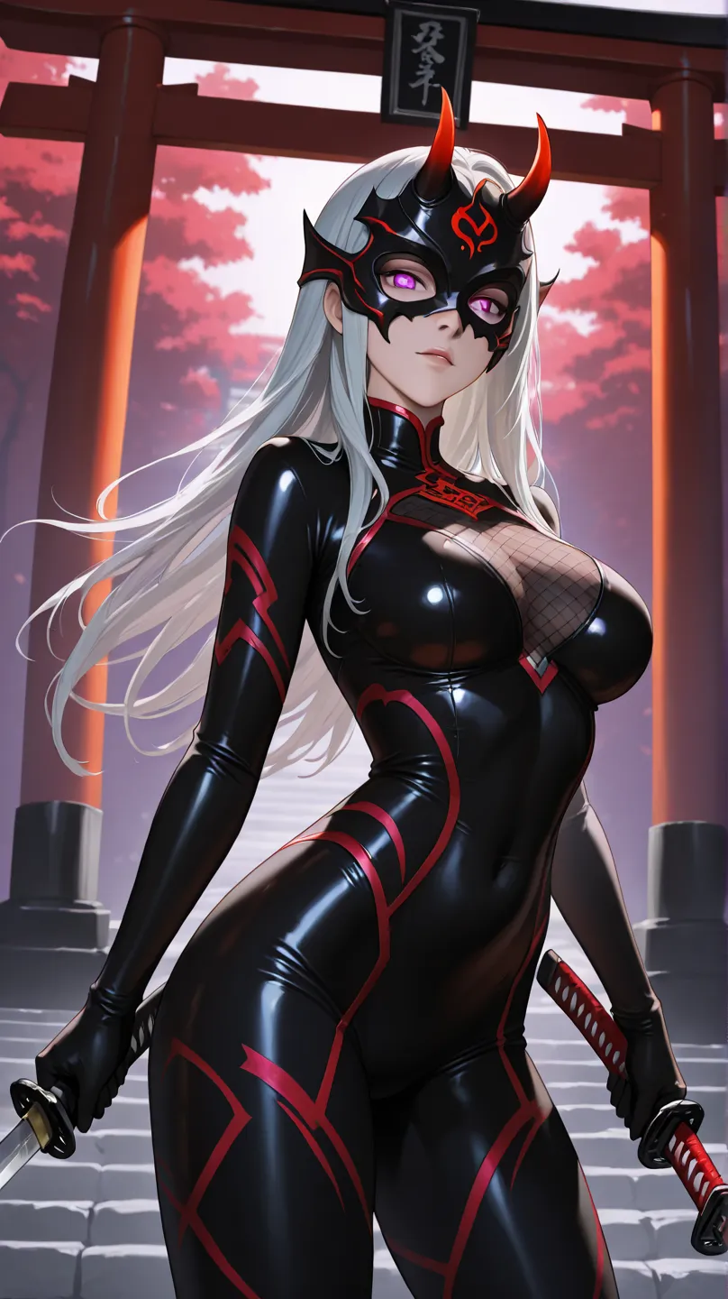 A sinister yet alluring demonic female ninja, clad in a skin-tight black and crimson bodysuit, adorned with glowing arcane symbols. Her face is partially concealed by a horned demon mask, and her long silver hair flows wildly. She wields a cursed katana em...