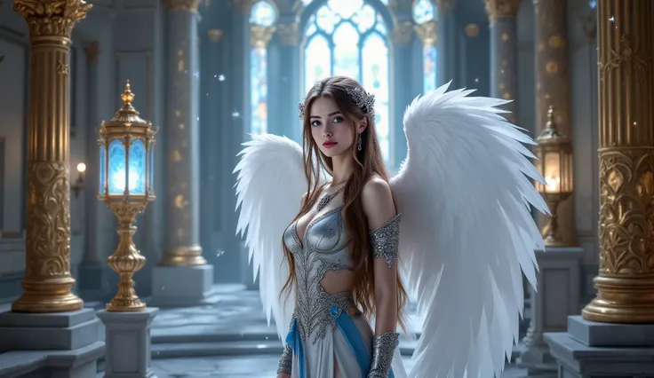Lyra, a 20-year-old warrior angel with flawless European features, stands gracefully behind a towering golden pillar. Her gaze is sharp and determined, while her long, flowing brown hair cascades gently over her shoulders. Her silver armor gleams, sculpted...