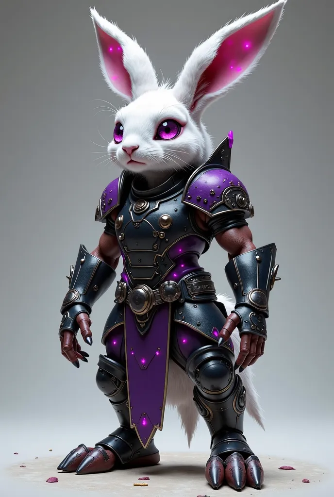 Style dnd 5e,  Estatura de 1 metro Esbelto y ágil Musculosas patas de hare Brazos humanides con manos de 4 dedos Rostro híbrido (hare/human) Short snout Big purple eyes Long ears with arcane metal rings Immaculate white fur with shiny specks Arcane armor (...