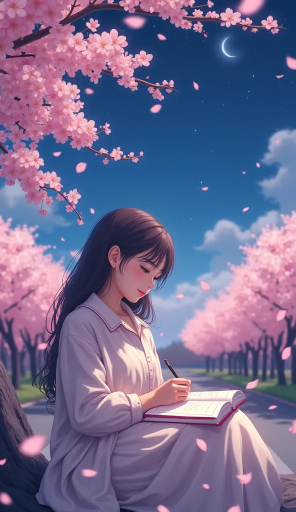 cherry blossoms dance all over　 Fantastic　A cute and beautiful woman is writing notes in her notebook alone。フル画像桜 petals舞い散る　 petals　night sky
A starry sky full of stars　Soul Level 4K,HDR,real,Fine,professional,vivid color,Depth of field of writing

High r...