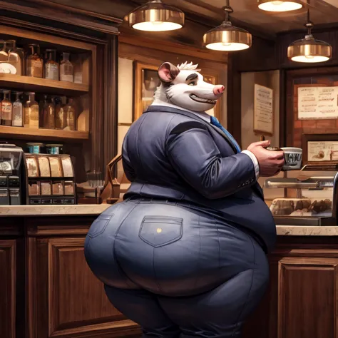 high resolution illustration, 4k, 1 adult, Fat male opossum dressed as a banker, has a huge butt,   fat arms and legs  , pants,  The opossum is standing inside a coffee shop , He is buying a medium cup of coffee and a chocolate donut.