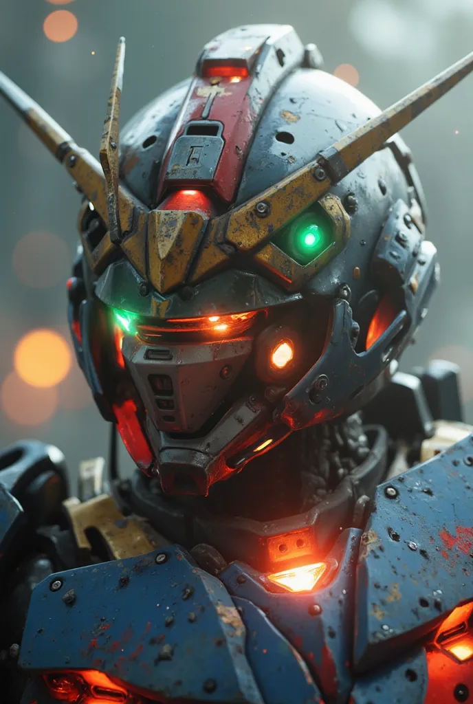 Gundam avatar close-up，metal texture，Wear，The flames of battle，Light，hazy，Psychedelic，Lonely World ， leaving large spaces around ，Diffuse gradient，Layering，Noise photography， surrealistic aesthetics，Ethereal，Polylai，film，Like a dream，