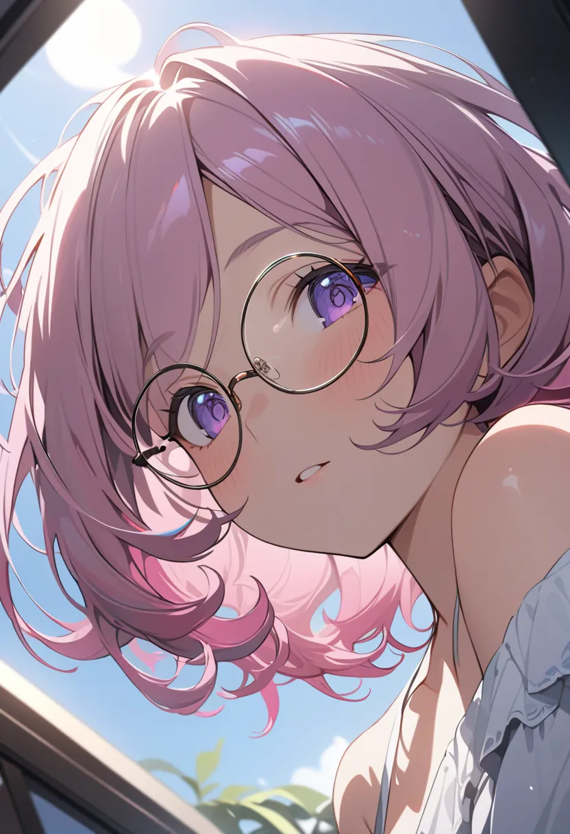 masterpiece, best quality, in white for summer very detailed, Super Detail,  flat animation, 2D,
hidden hair, (Young Adults:1.2),pink hair, (short bob:1.2), curly hair,  medium breasts, purple eyes,round glasses from below, 
Very interesting,  portrait,   ...