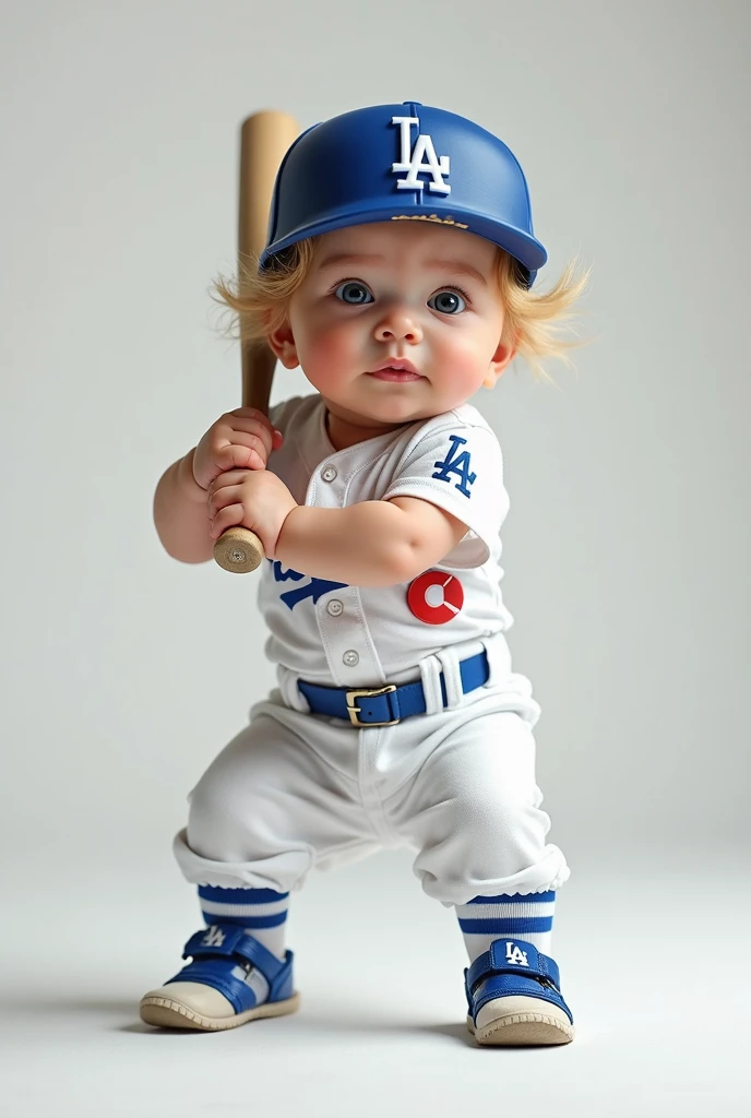 Full body shot of a baby playing baseball、The baby is wearing the Dodgers uniform Otani Shohei、After birth６Month-old blond white baby