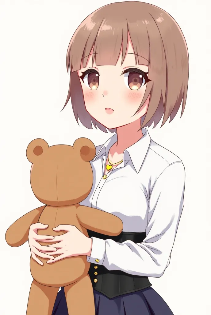 An illustration of a girl from the waist up with a short hair hairstyle, two little chunks with slightly medium breasts and a blouse, a white button down shirt and a black corset and a gold necklace with a heart pendant embracing a teddy bear with an arm w...