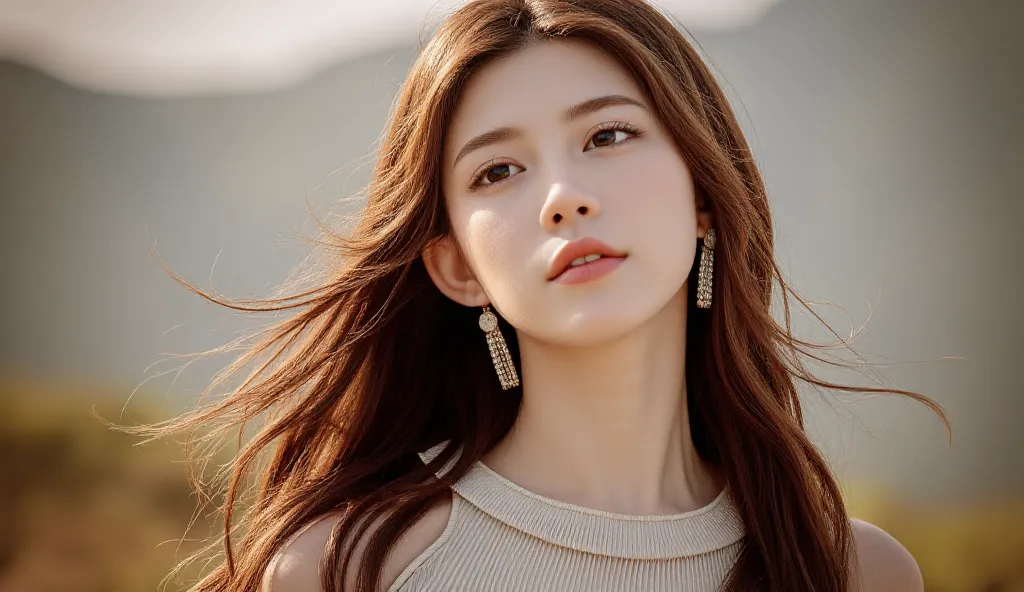 A beautiful young woman with long brown hair is wearing an elegant top and stylish earrings. She is staring into the distance with a kind expression on her face.