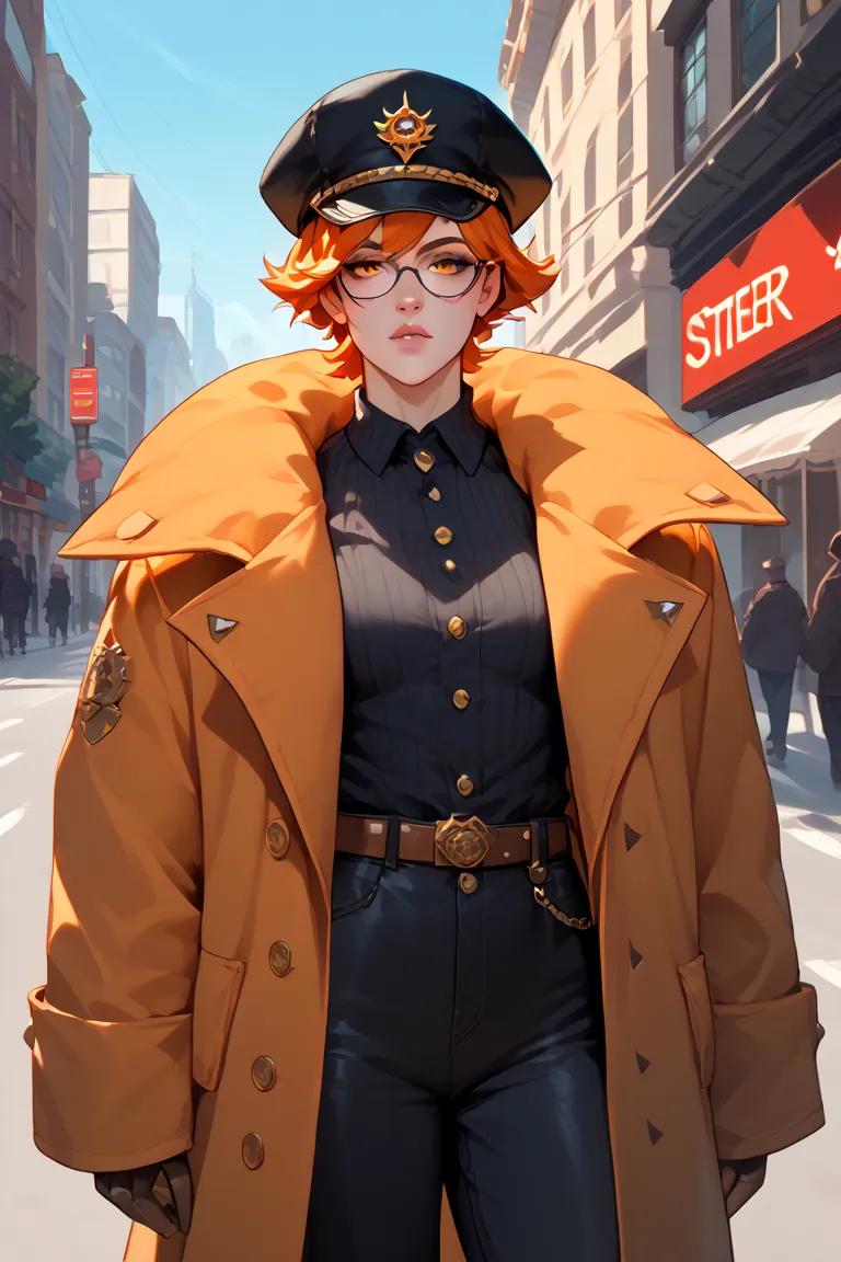 An orange cat in black clothes, fading glasses, overcoat and hat, In the background a street with buildings