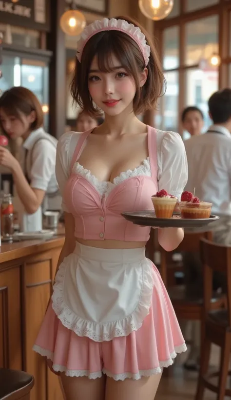 A Japanese woman in her late s with very big breasts、She is wearing a retro Anna Miller's-style maid cafe uniform、standing at the counter of a warm maid cafe。A pink and white ruffled apron、Short sleeve blouse、Her uniform features a lace headband。She is smi...