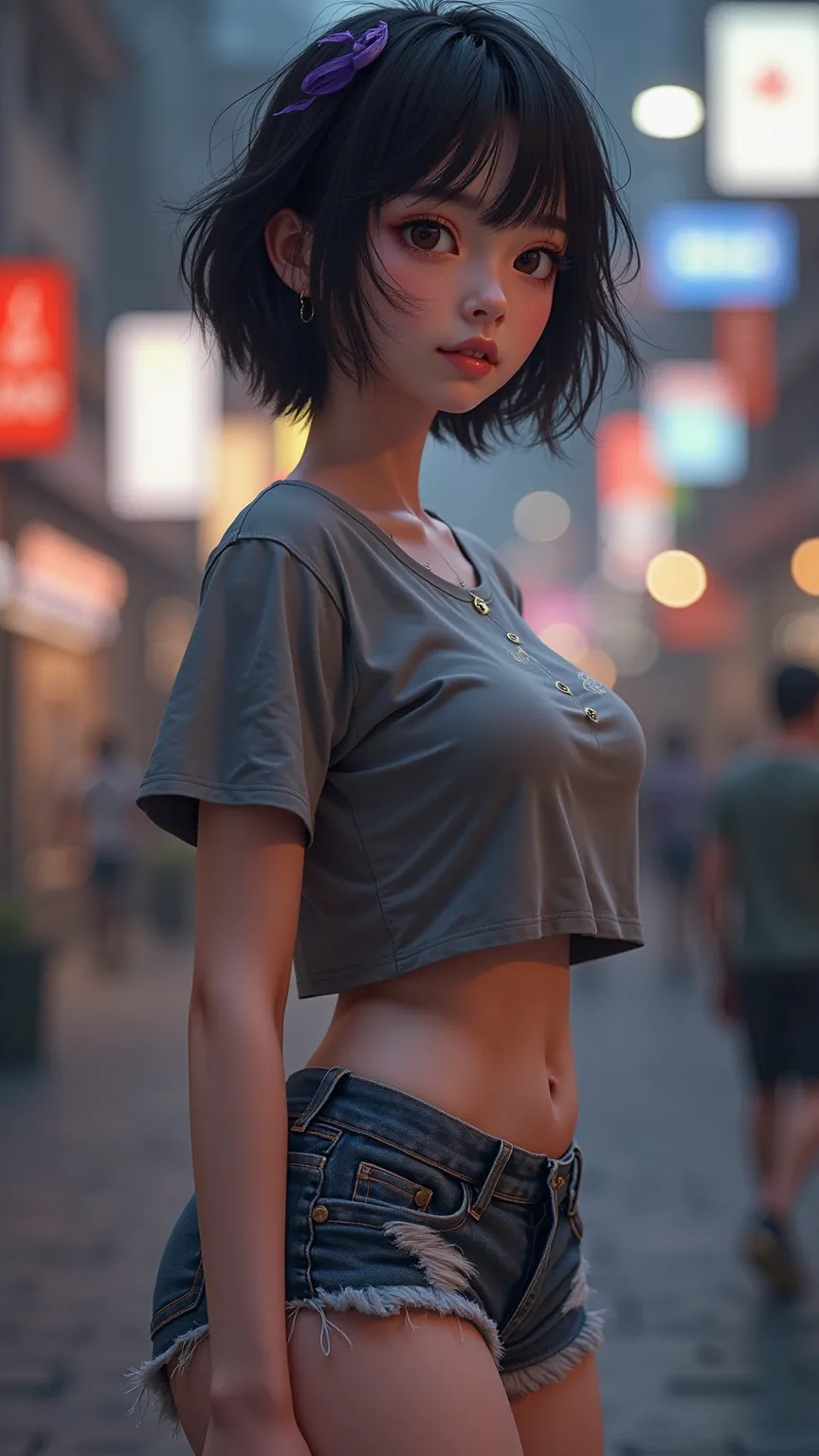 unreal engine, realistic features, digital girl, Korean, white, solo, real detailed small eyes in light brown, freckles on the face, detailed short black messy style hair, purple highlights, natural big breasts, curvy anatomy, wearing a gray t-shirt, denim...