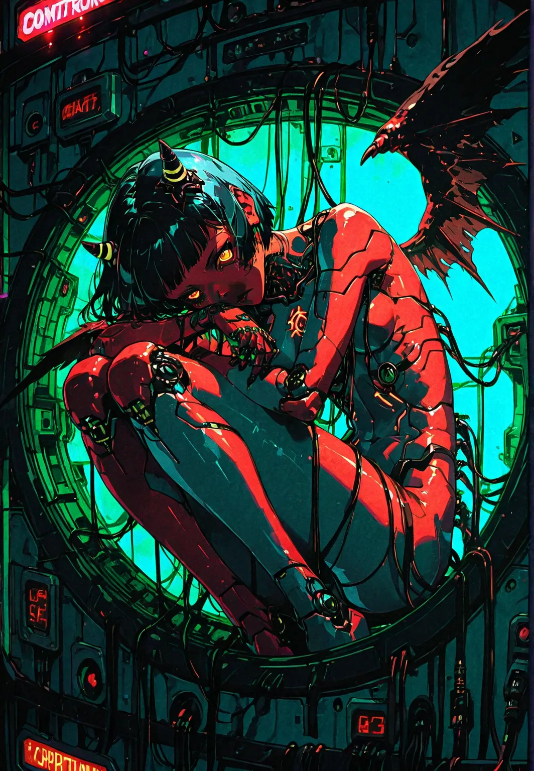  front view: Chica demonio , Red skin, Horns , nude, black wings,  robotic circuits , small breasts, cables, futuristic devices, curled up pose,  black short hair , glow lights, aggressive look, inside a capsule. bottom:  CYBERPUNK CITY. dark atmosphere