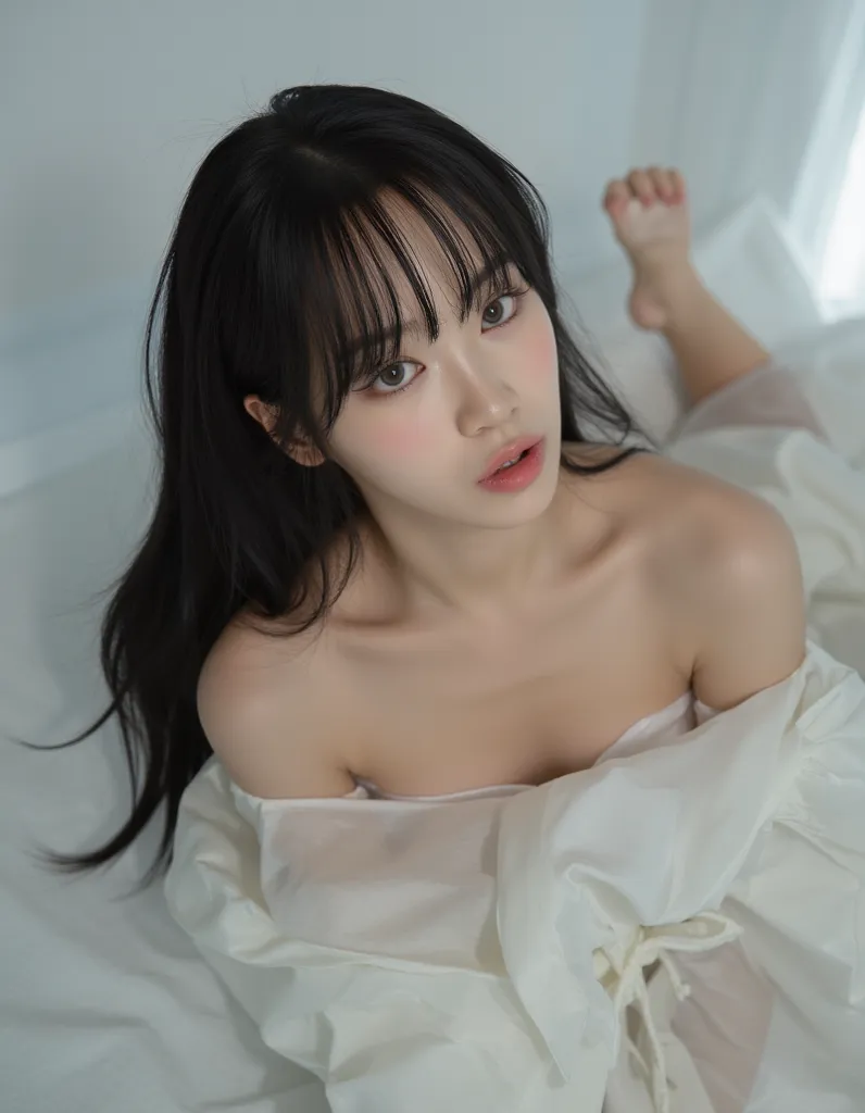 This is a picture of a young woman lying down with her crotch spread out。 She's a 22 year old woman, I have black hair with bangs and I'm naked。East Asian woman, white in color and thin。