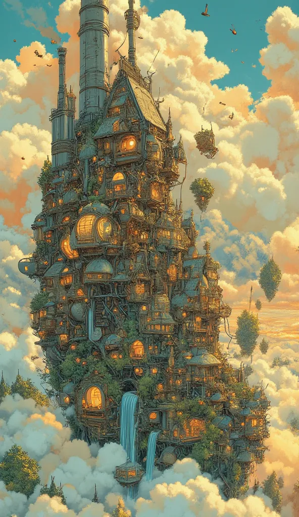 Studio Ghibli-inspired illustration, (soft painterly textures:1.2), (dreamy and warm color palette:1.3), hand-drawn fantasy city, cozy atmosphere, intricate rooftops, cobblestone streets, whimsical architecture, lush greenery, magical realism, soft golden ...