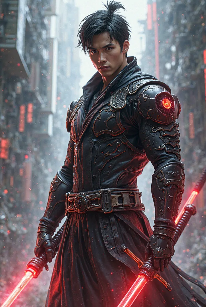 Young Chinese-haired male, science-fiction clothing, husky, Full-bodied with a katana with red lights.