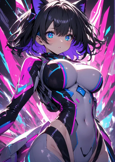  black hair　short hair　blue-purple and pink futuristic suit　　Groin　leotard　big breasts　blue eyes　solo　Previous　 blue inner color 　 sharp eyes　cat ear headband